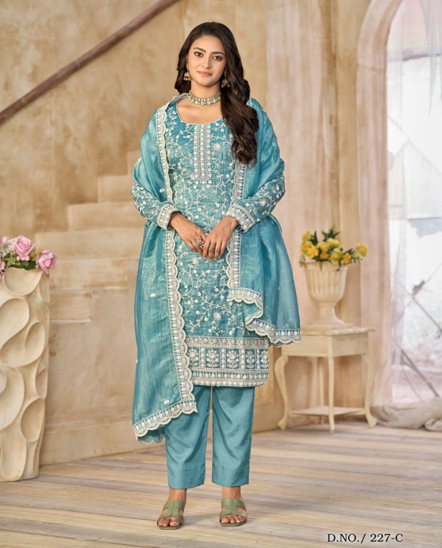 227-blue - Crush Straight Suit with Embroidered Work in Aqua Blue for Ceremonial